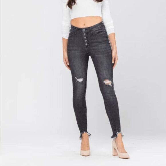 Judy Blue Lani Skinny Distressed Button Fly Jeans Stonewashed Black Size 9/29 - Picture 1 of 15